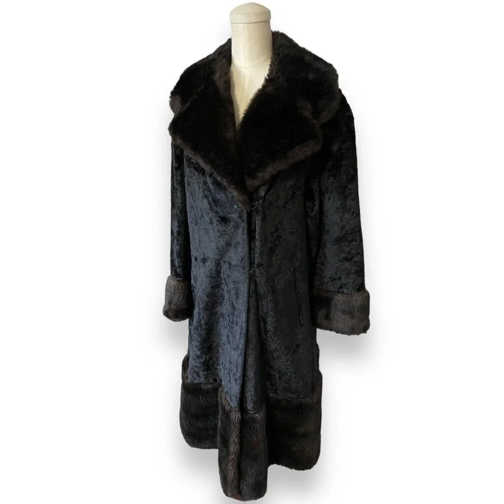 Vintage 60s Rosewin Black Penny Lane Brown Faux Fur Coat Mid Length Jacket